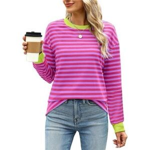 WIHOLL. Tunic Long Sleeve Striped Shirt. Purple/Neon Pink/Lime. Size Medium.